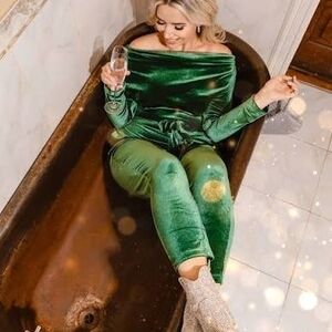 Green Velvet Off-Shoulder Jumpsuit